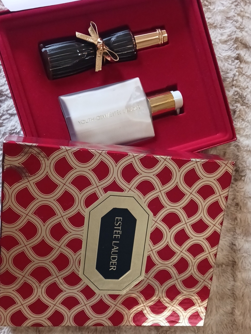 Estee Lauder Red and Gold Bath & Body Set with Black Accent Bottle